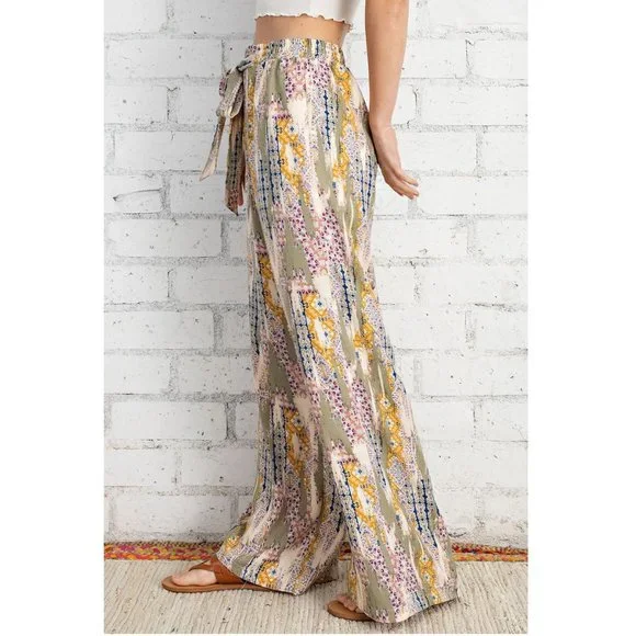 Palazzo Pants Patchwork Printed Front Tie Detail with Lining - Picture 2 of 8